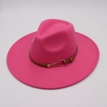 Detail of fuchsia felt fedora hat featuring a brown leather strap and gold buckle - Rose Red (Heart Buckle)