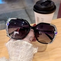 Black oversized polarized sunglasses with silver rhinestones and purple butterfly accents - Rhinestone Polarized / Gradient Grey