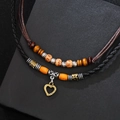 Set bohémien retrò con perline di legno e ciondolo a cuore in bronzo su cordini - Solo Collana a Cuore 029