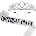 Silver birthday queen sash and glittering tiara set for girls birthday party decor - Set 5 (Silver Print Birthday Queen)