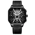 POEDAGAR Men's quartz watch with black octagonal steel case and leather strap - Black Case Silver Markers Leather Strap
