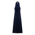 Elegante abito lungo in velluto blu scuro con scollo all'americana e finitura lucida - S / Blu navy