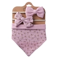 Close-up of baby lavender cotton gauze floral bib and headband set on display card - Light Purple Floral