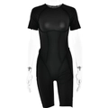 Detailed back view of a slim fit black short sleeve romper featuring an open back design - Black