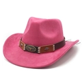 Detail of rose pink suede cowboy hat with brown leather band and bull head ornament - M (56-59cm) / Rose Red