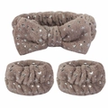 Three-piece light brown plush headband and wristband set with silver star foil patterns - Light Coffee 3-Piece Set