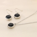 Silver stainless steel jewelry set with round black zircon pendant and hook earrings - 2-Piece Set (Necklace+Earrings) / Silver Black