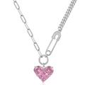 Collar de clip plateado con colgante de corazón rosa y diseño de cadena asimétrica - Plata/Rosa