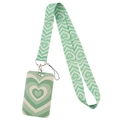 Green and beige heart pattern lanyard with plastic card holder and metal lobster clasp - Green Beige Heart