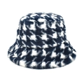 Detail of navy blue houndstooth plush bucket hat featuring thick warm winter fabric - M (56-58cm) / Navy Blue