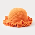 Handmade crochet knit bucket hat in vibrant orange with elegant wavy ruffle brim - One Size / Orange
