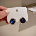 Deep blue square-cut crystal stud earrings with a gold halo setting for women - Dark Blue Square Crystal Gold Studs (19#)