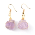 Macro shot of handmade gold wire wrapped natural purple amethyst crystal drop earrings - Gold + Light Amethyst