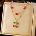 Double-layered gold cherry necklace with red beads and sweet fruit pendant design - Double Layer Red Bead Cherry Style (N3118)