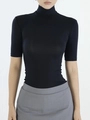 Slim fit black high-neck T-shirt with vintage Tencel Lycra fabric and elbow sleeves - L / Half Sleeve / Black