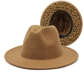 Detail view of the camel fedora hat featuring a stylish leopard print inner lining - M (56-58cm) / Khaki