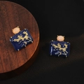 Navy blue enamel rectangle earrings with pink gemstone and gold flower vine detail - Deep Blue Enamel Plum Blossom Rectangular Stud