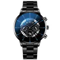 All-black stainless steel men's watch with blue coated lens and multi-dial design - Skeleton Dial Black Blue