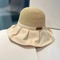 Elegant beige sun hat with wide fabric brim and brown leather label for women - Beige Leather Label