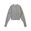 Close-up of gray striped knit cardigan with button front and ribbed cuffs detail - Grey Striped Top
