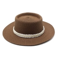 Close-up of dark brown straw boater hat featuring pearl lace trim and fine weave detail - M (56-58cm) / Brown