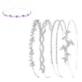 Five-piece bridal hairband set featuring purple flowers and silver rhinestone tiaras - 4-Piece Set Purple
