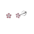 Macro detail of silver flower labret stud with pink and white rhinestones and flat back - Pink Plum Blossom