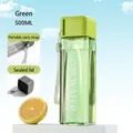 Green transparent square 500ml plastic water bottle with portable strap and sealing lid - 500ml / Green