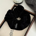 Black polka dot corduroy oversized scrunchie with white brand tag for women hair - Black Velvet Polka Dot Scrunchie
