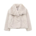Manteau court en fausse fourrure beige clair avec large col à revers et texture épaisse - XS / Blanc Cassé