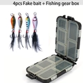 Mini lure set including 4 colorful metal spoon baits with feathers and a black tackle box - Fishing Lures and Storage Box Set