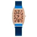 Women's rose gold tonneau quartz watch with blue mesh strap and crystal bezel - Blue