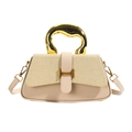 Beige faux leather box bag with woven detail and gold-tone geometric metal handle - Khaki