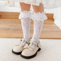 White Japanese JK style mid-calf socks with delicate lace ruffles and hollow patterns - One Size / Jacquard Mid-Calf White