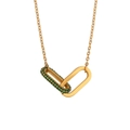 Interlocking gold loop necklace featuring one polished ring and one emerald green paved ring - Gold Green Rhinestone Style