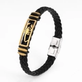 Detail of black woven leather bracelet with gold scorpion plate and 316L steel clasp - Scorpion Variant