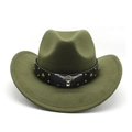 Detail of dark olive green wool felt cowboy hat with leather band and bull head emblem - M (56-58cm) / Army Green