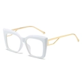 White cat eye blue light blocking glasses with gold metal temples shown at a 45-degree angle - White