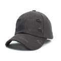 Detail of distressed dark grey baseball cap with Nefarious embroidery and worn holes - Adjustable / Dark Gray