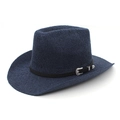 Detail of dark blue woven cowboy hat with black leather strap and vintage metal buckle - M (56-58cm) / Navy Blue