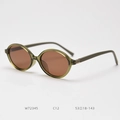 Close-up of olive green oval sunglasses with brown lenses and printed size specs - Olive Green Frame Tea Lens C12
