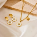 Golden flower jewelry set with white shell inlay necklace and earrings on silk - C113+114 Necklace & Earrings Set