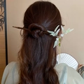 Spilla per capelli in bambù con foglie verdi, fiori bianchi e nappe dorate da donna - 14# Bastoncino per Capelli - Fiore Verde Nappa