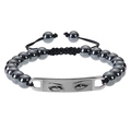 Macro shot of hematite beaded bracelet with custom photo engraved on steel bar - Black Magnet Bracelet - Silver Metal Plate