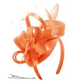 Detail of orange fascinator hat with satin bow feathers and headband attachment - Orange