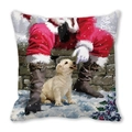 Detail of Santa and puppy oil painting print on peach skin pillowcase for Christmas decor - Santa with Puppy Interaction