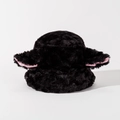 Detail of cute lamb ears and fluffy black plush texture on this winter bucket hat - Adult Size (56-58cm) / Black Pink Ears