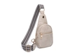 Chic light gray vegan leather chest bag with decorative black and white woven strap - Small / Pink