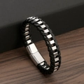 Men's retro braided black leather bracelet with polished silver metal link accents - Silver-19cm