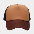 Detail of breathable mesh back and contrast stitched brim on khaki trucker hat - Camel with Brown Brim